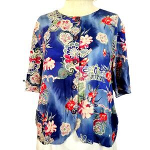 Vintage 80s Blue Floral Short Sleeve Blouse Size Large